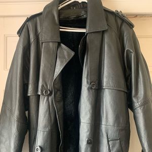 Vintage 90s Matrix Black leather jacket trench coat rabbit fur liner newer Neo